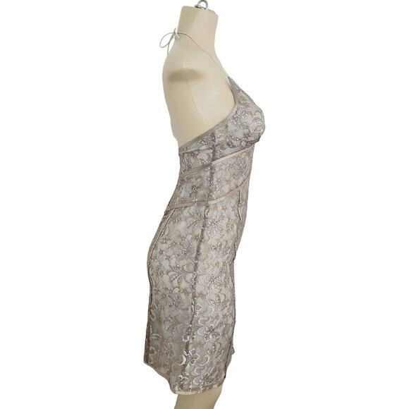 Express Slip Dress Womens 4 Champagne Lace Sequin Halter Semi-Sheer Y2K - Picture 4 of 16